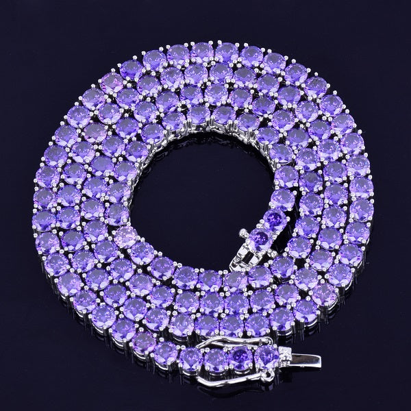 24k Gold .925 Silver Iced Purple Hazed 1 Row Link Tennis Hip Hop Chain Necklace