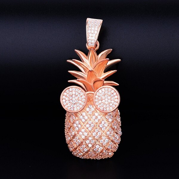 Rose Gold Silver 18k Pineapple Hip Hop Pendant Chain Necklace