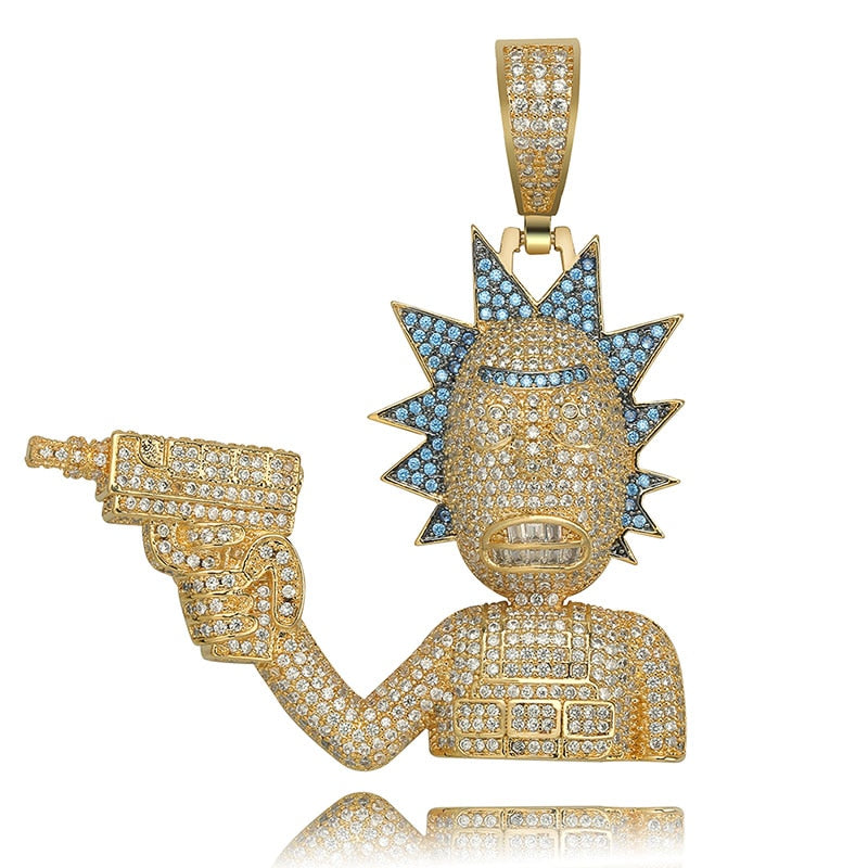 Iced AAA True Micro Pave Gold Silver Morty Hip Hop Pendant Chain Necklace