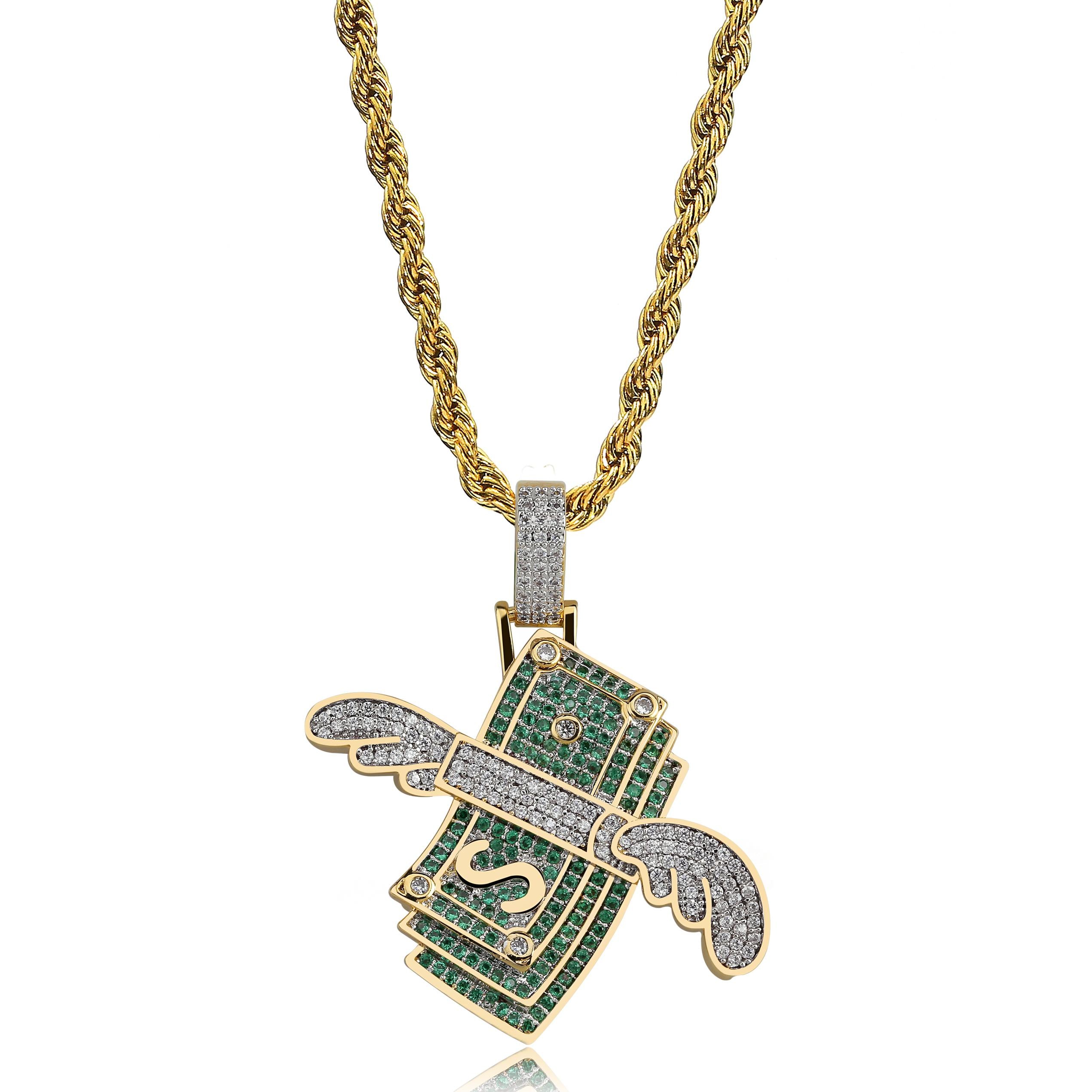 Money Flying To Me Solid Hip Hop Micro Pave Stone Iced Pendant Chain Necklace