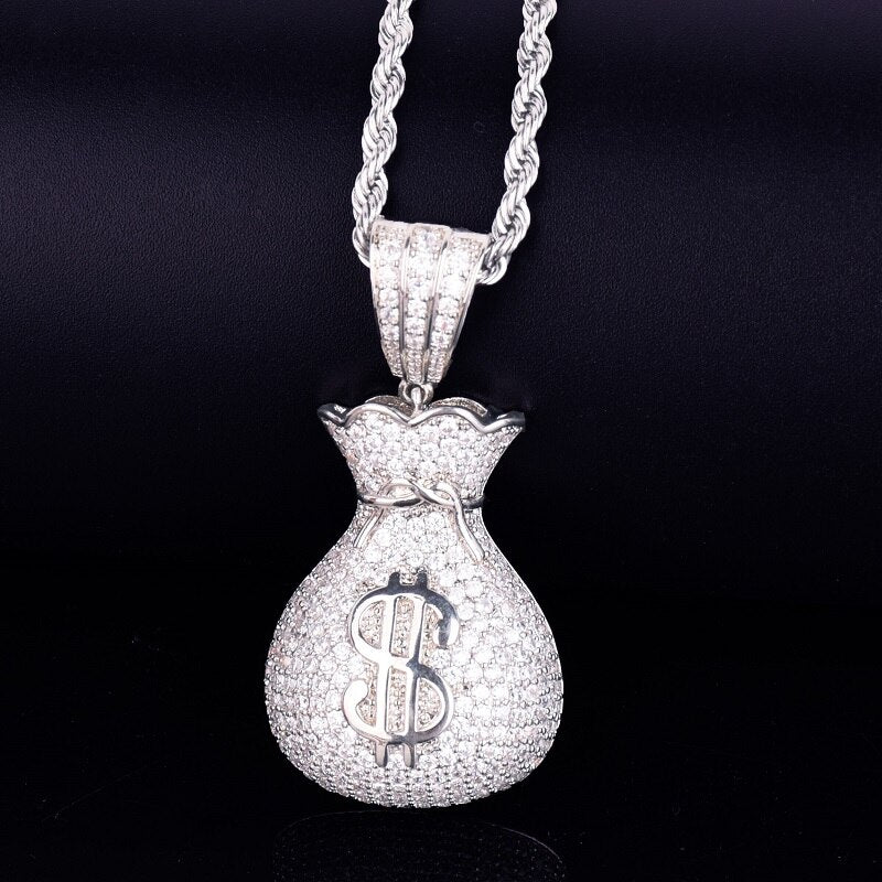 Men's 18k Gold Silver Big Boy Dollars Money Bag Hip Hop Jewelry Pendant Chain Necklace