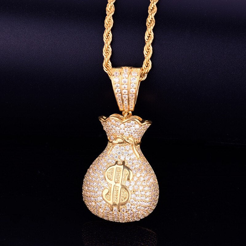 Men's 18k Gold Silver Big Boy Dollars Money Bag Hip Hop Jewelry Pendant Chain Necklace
