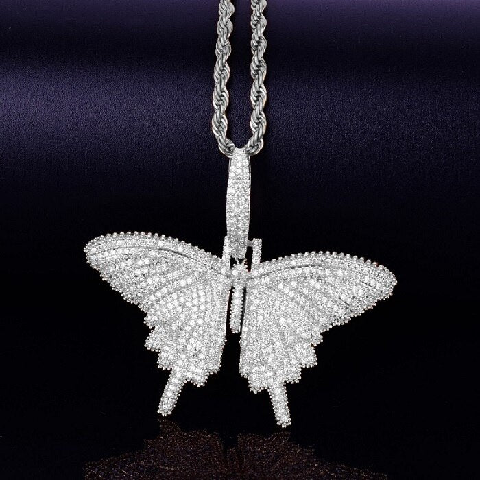 18k Gold .925 Silver Micro Pave Stone Enchanted Butterfly Iced Pendant Chain Necklace