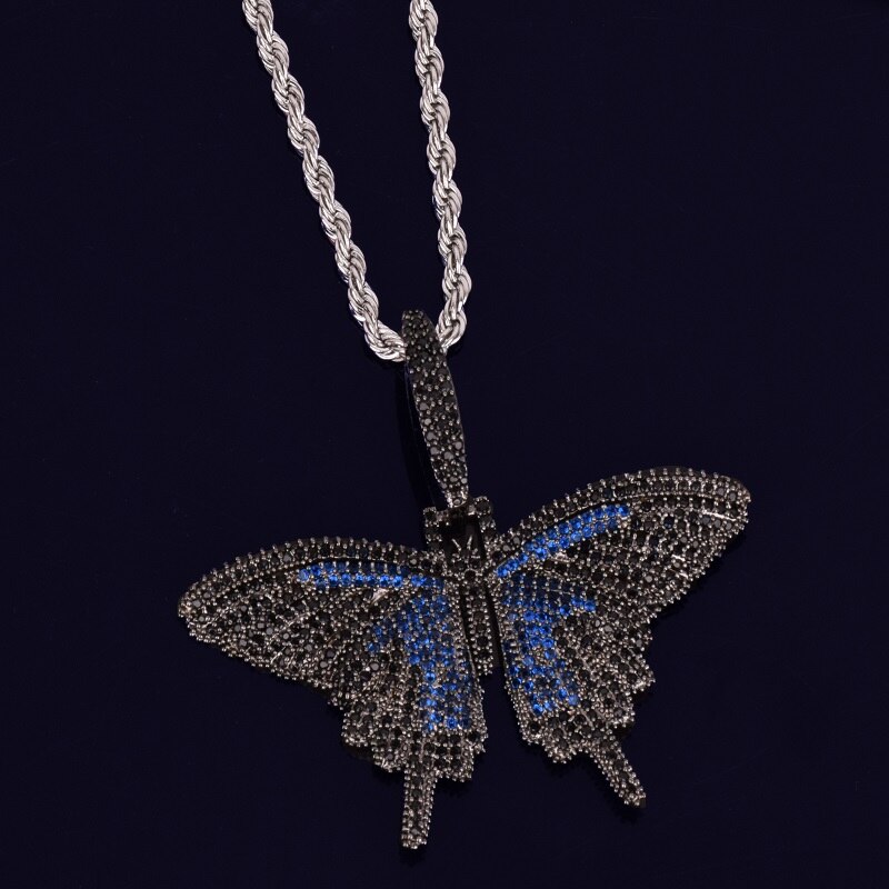 18k Gold .925 Silver Micro Pave Stone Enchanted Butterfly Iced Pendant Chain Necklace