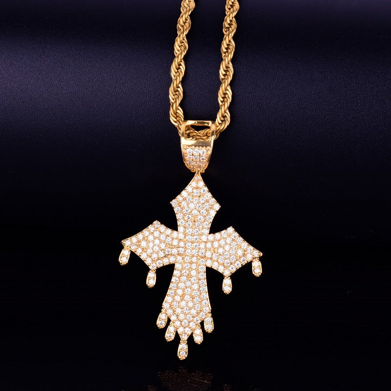 AAA True Micro Pave 18k Gold .925 Silver Rose Gold Drip Drop Cross Hip Hop Pendant Chain Necklace