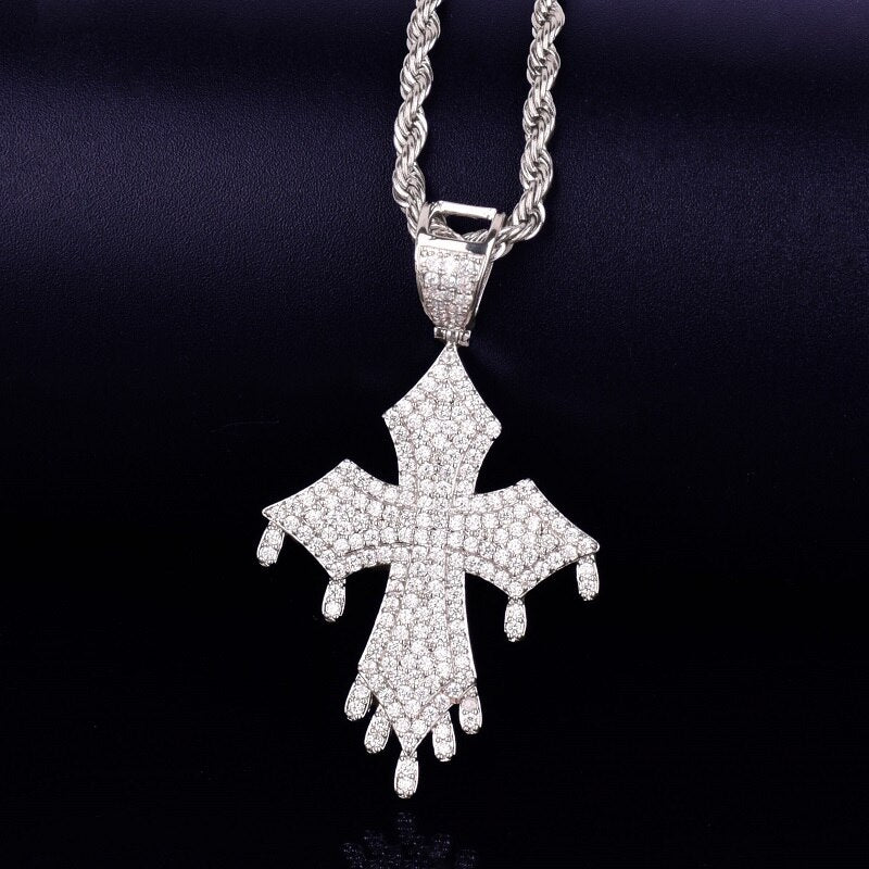 AAA True Micro Pave 18k Gold .925 Silver Rose Gold Drip Drop Cross Hip Hop Pendant Chain Necklace