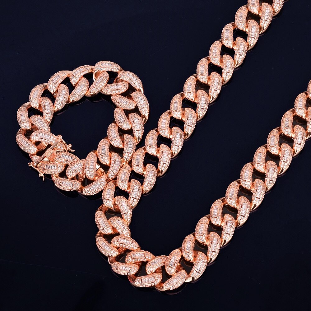 24k Gold Baguette 3AAA Miami Cuban Link Chain Bracelet Hip Hop Jewelry Set