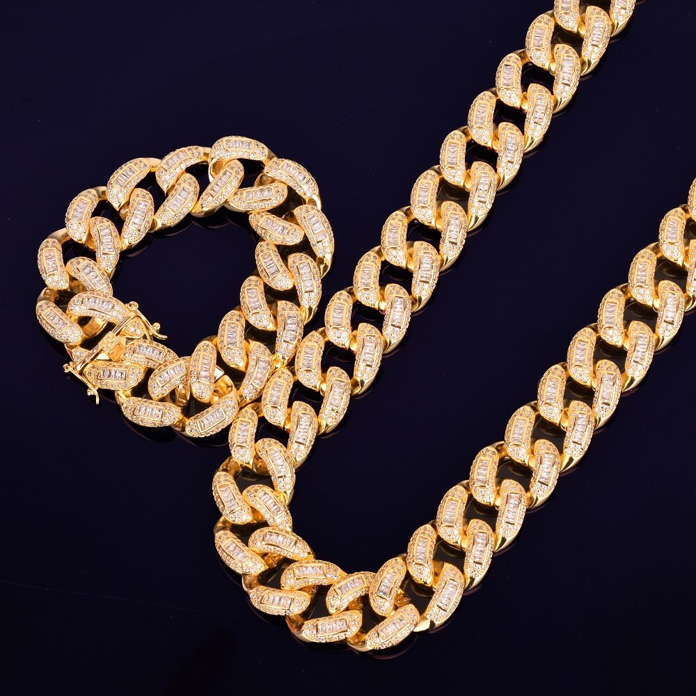 24k Gold Baguette 3AAA Miami Cuban Link Chain Bracelet Hip Hop Jewelry Set