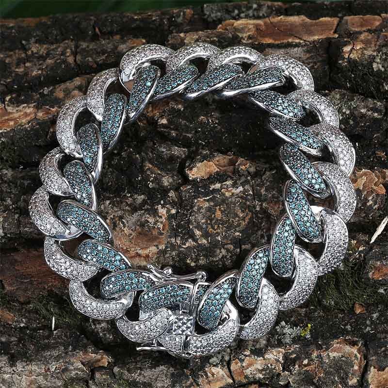 Custom 18MM Flooded Ice Mint Blue AAA Micro Pave Stone Miami Cuban Link Hip Hop Chain Bracelet Set