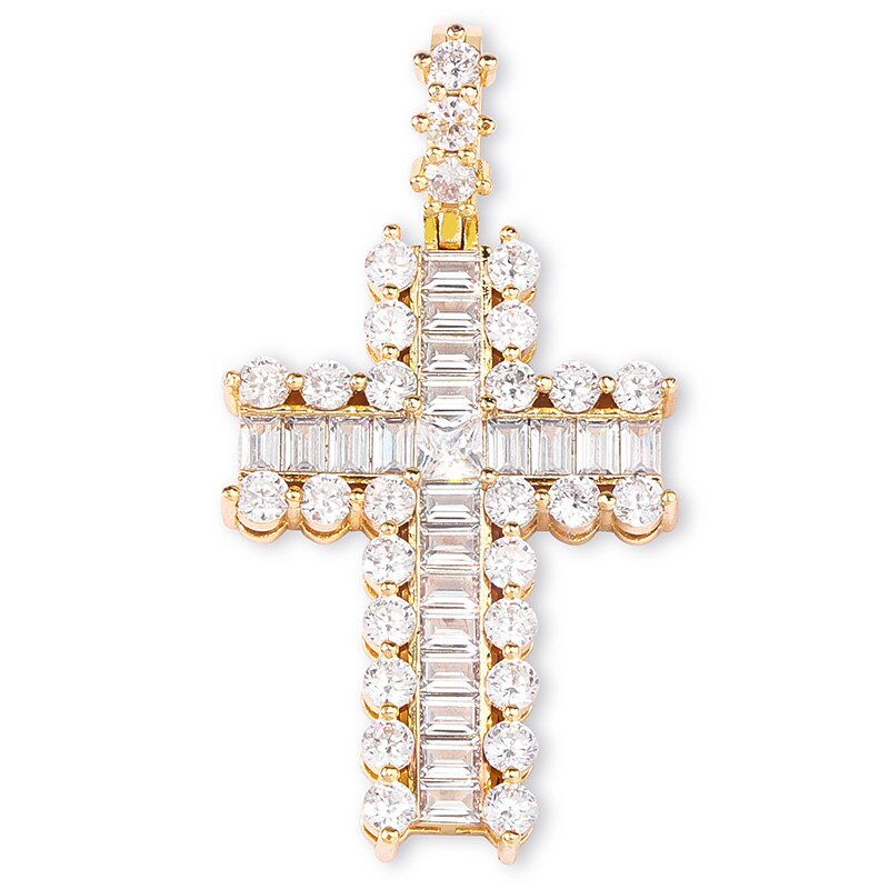 Mini Baguette Paved 14k Rose Gold Silver Hip Hop Cross Pendant Chain Necklace