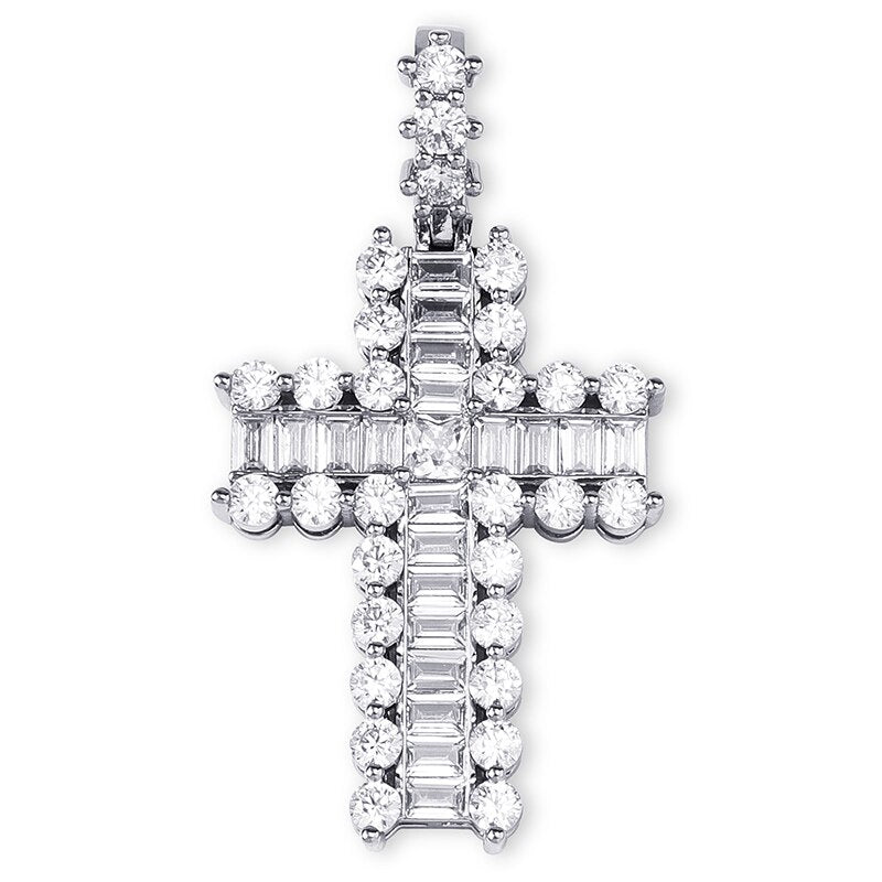 Mini Baguette Paved 14k Rose Gold Silver Hip Hop Cross Pendant Chain Necklace