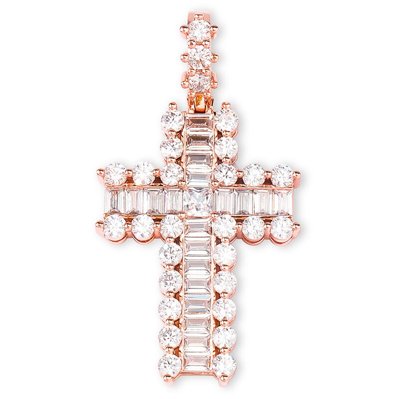 Mini Baguette Paved 14k Rose Gold Silver Hip Hop Cross Pendant Chain Necklace