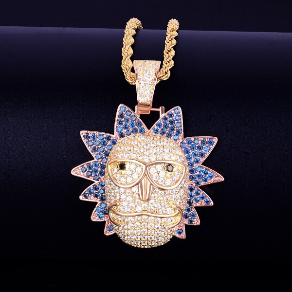 18k Gold Rose Gold Micro Pave Flooded Ice Morty Face Hip Hop Pendant Chain Necklace