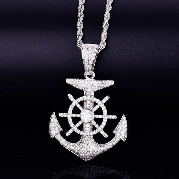 .925 Silver 18k Gold Nautical Anchor Cross Flooded Ice Hip Hop Pendant Chain Necklace