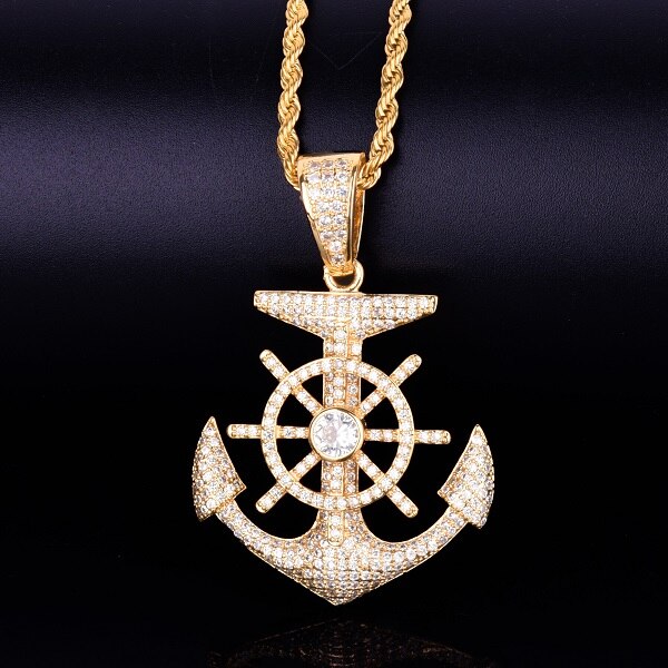 .925 Silver 18k Gold Nautical Anchor Cross Flooded Ice Hip Hop Pendant Chain Necklace