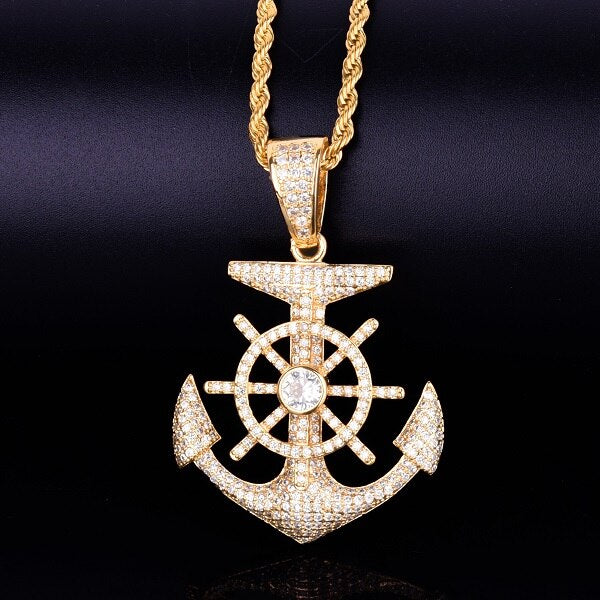 .925 Silver 18k Gold Nautical Anchor Cross Flooded Ice Hip Hop Pendant Chain Necklace