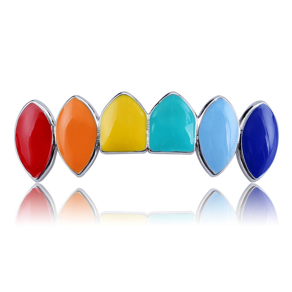 Hip Hop Gold Silver Rainbow Teeth Grillz Top Bottom Colorful Grills Set