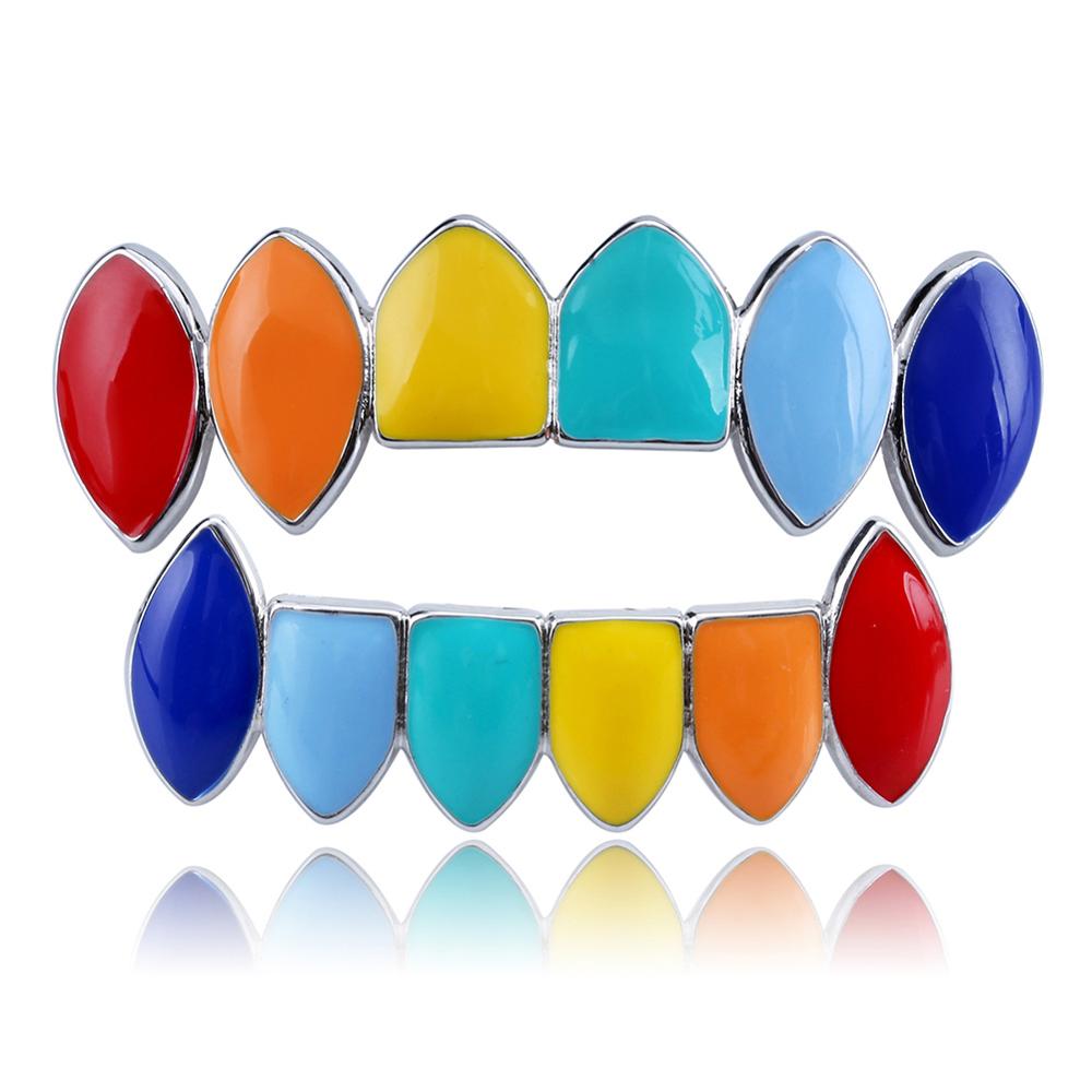 Hip Hop Gold Silver Rainbow Teeth Grillz Top Bottom Colorful Grills Set