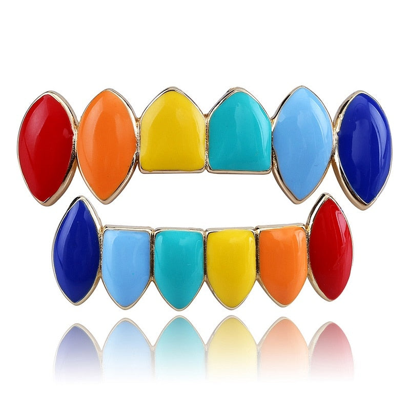 Hip Hop Gold Silver Rainbow Teeth Grillz Top Bottom Colorful Grills Set