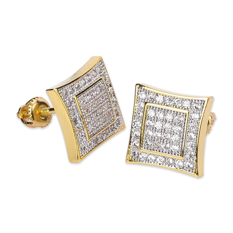 AAA Micro Pave Double Squared Hip Hop 14k Gold 925 Silver Flooded Ice Earrings