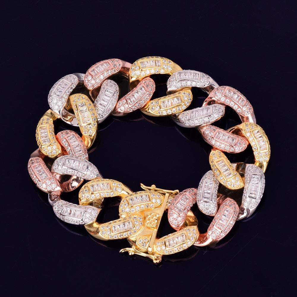 24k Gold Rose Gold Silver Flooded Ice 22mm Colorful Baguette AAA Stone Miami Cuban Link Bracelet