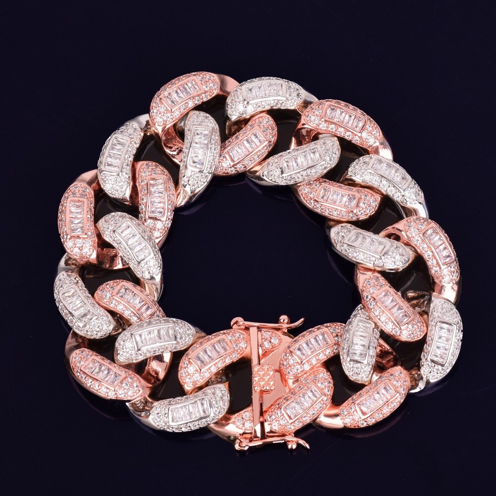 Rose Gold Silver Flooded Ice Big Boy Colorful Baguette AAA Stone Miami Cuban Link Bracelet