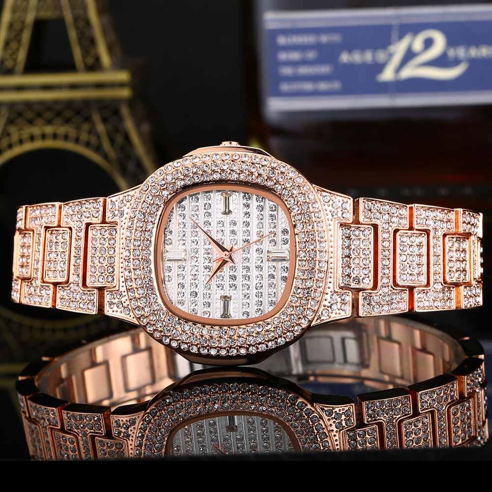 Famous Flooded Ice Diamond Simulate Stainless Steel Timepiece 18k Gold Silver Rose Gold Bling Watch
