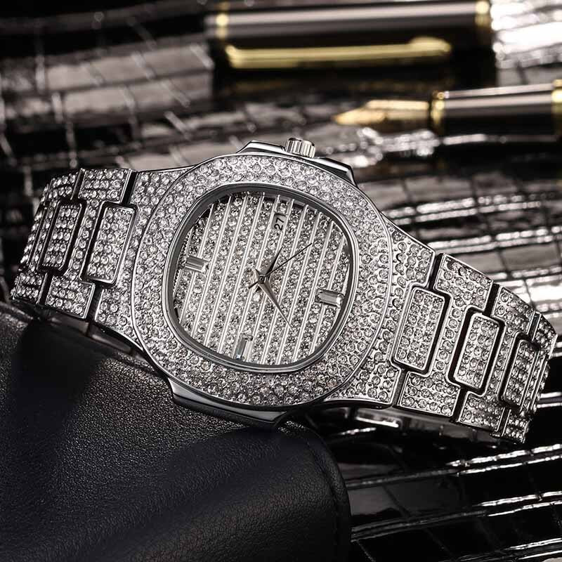 Famous Flooded Ice Diamond Simulate Stainless Steel Timepiece 18k Gold Silver Rose Gold Bling Watch