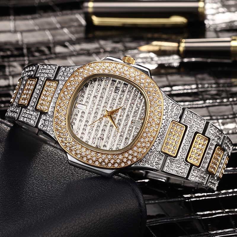 Famous Flooded Ice Diamond Simulate Stainless Steel Timepiece 18k Gold Silver Rose Gold Bling Watch