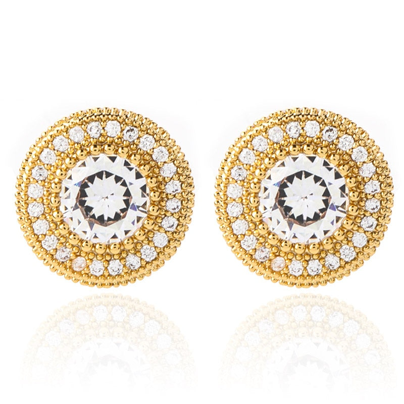 Hip Hop AAA Micro Pave Flooded Ice Bling Stud 14k Gold Silver Rose Gold Earrings