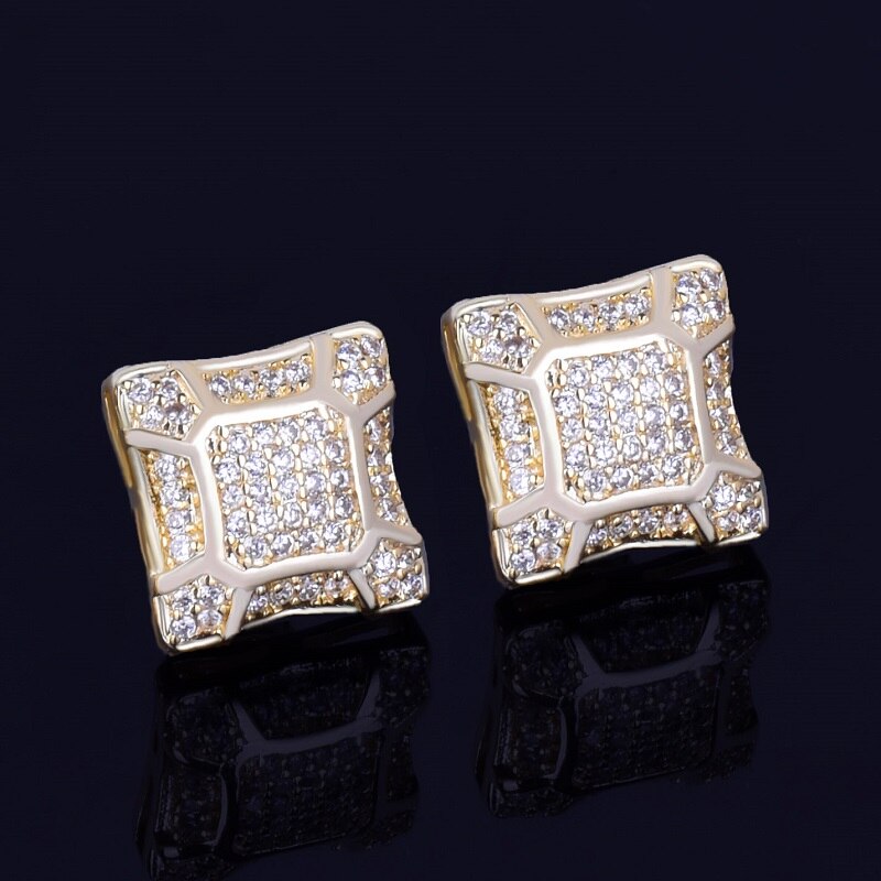 Cracked Ice | 11MM 14k Gold Silver Square Men's Iced Blinged Out Screw Back Earrings