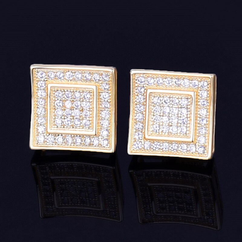Double Square | 11MM 18k Gold Silver Flooded Ice Stud Hip Hop Screw Back Earrings