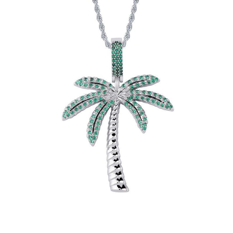 Flooded Ice AAA Micro Pave Coconut Palm Tree Hip Hop Pendant Chain Necklace