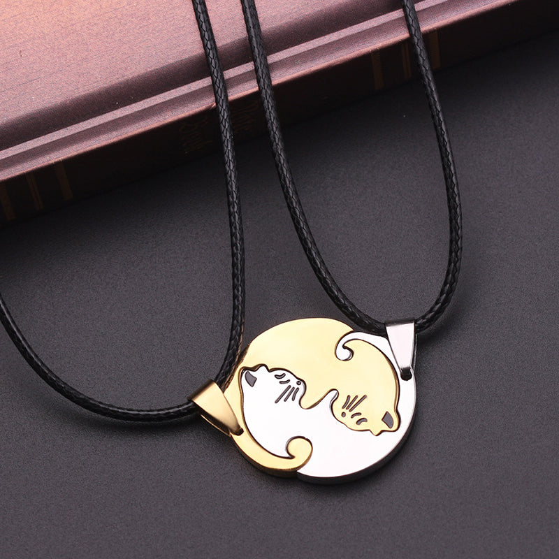 Ladies Fashion 2 Piece Sweet Kitten Kitty Pussy Cat Leather Weave Pendant Necklace