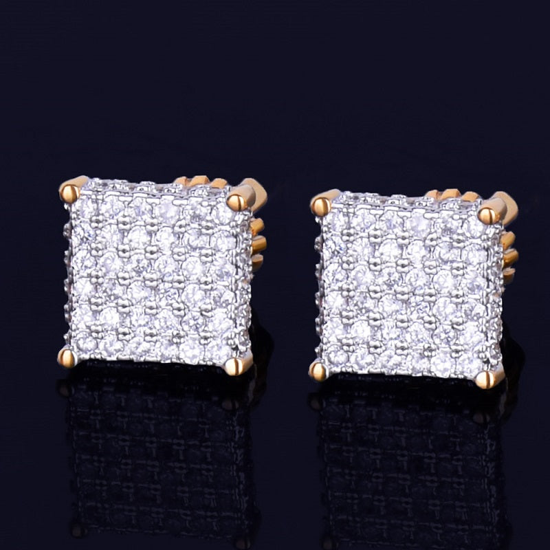 Four Corners | Gold .925 Silver 8MM Gold Silver Super Iced Square Stud Hip Hop Earrings