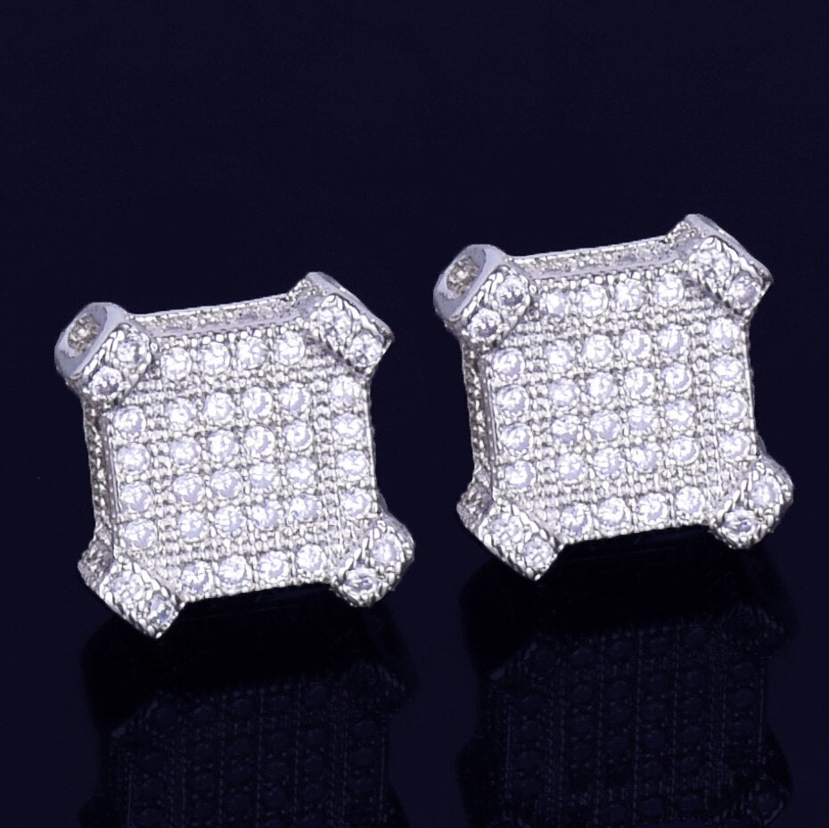 Catercorner | 10mm Square 18k Gold 925 Silver Bling AAA Micro Pave Iced Earrings