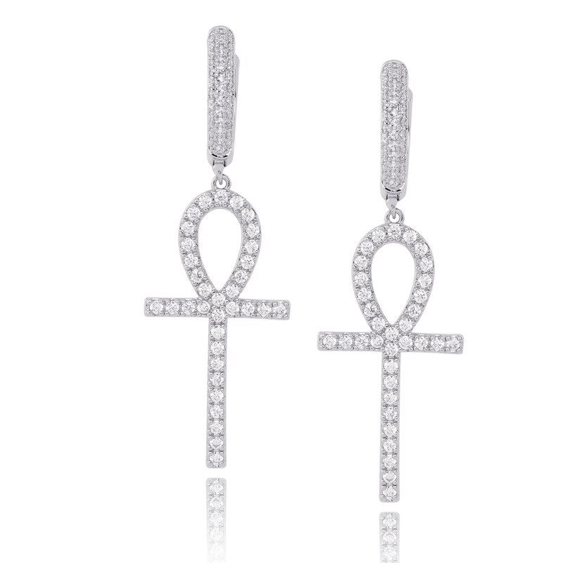 True Micro Pave Huggie 18k Gold Silver Dangling Ankh Cross Hip Hop Iced AAA Earrings