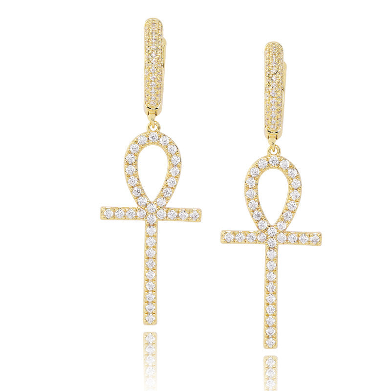 True Micro Pave Huggie 18k Gold Silver Dangling Ankh Cross Hip Hop Iced AAA Earrings