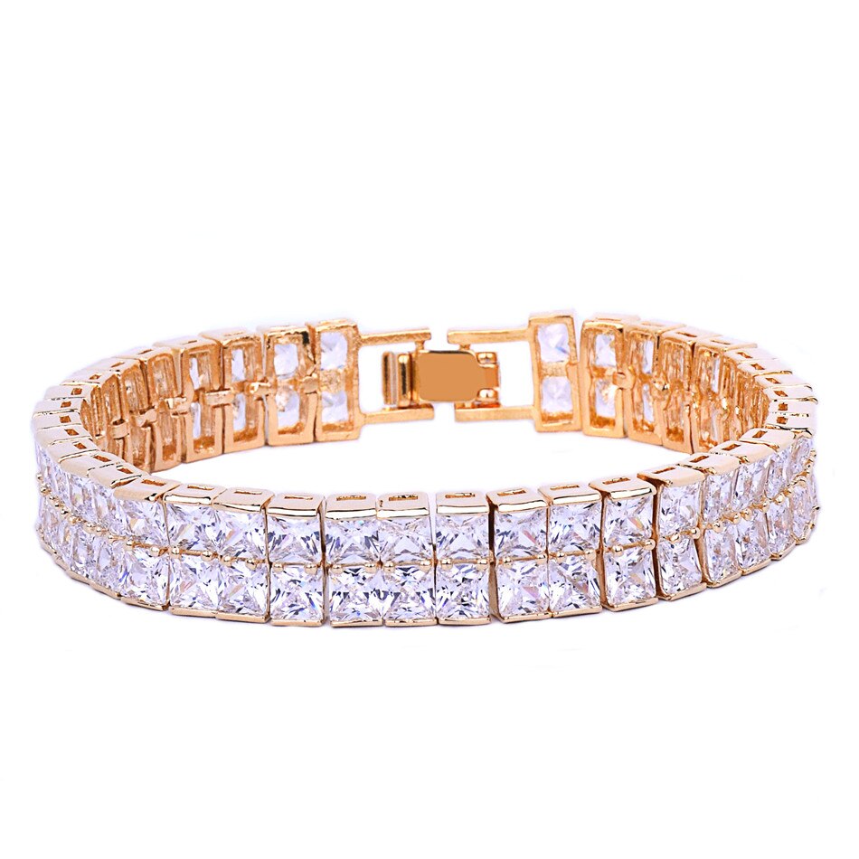 24k Gold Silver 10mm Iced 2 Row Flooded Ice Princess Cut Tennis Bracelet