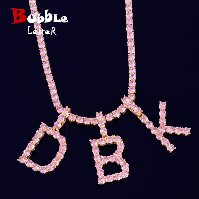 Pink Flooded Ice Simulate 18k Gold 925 Silver Tennis Letters Chain Hip Hop Pendant