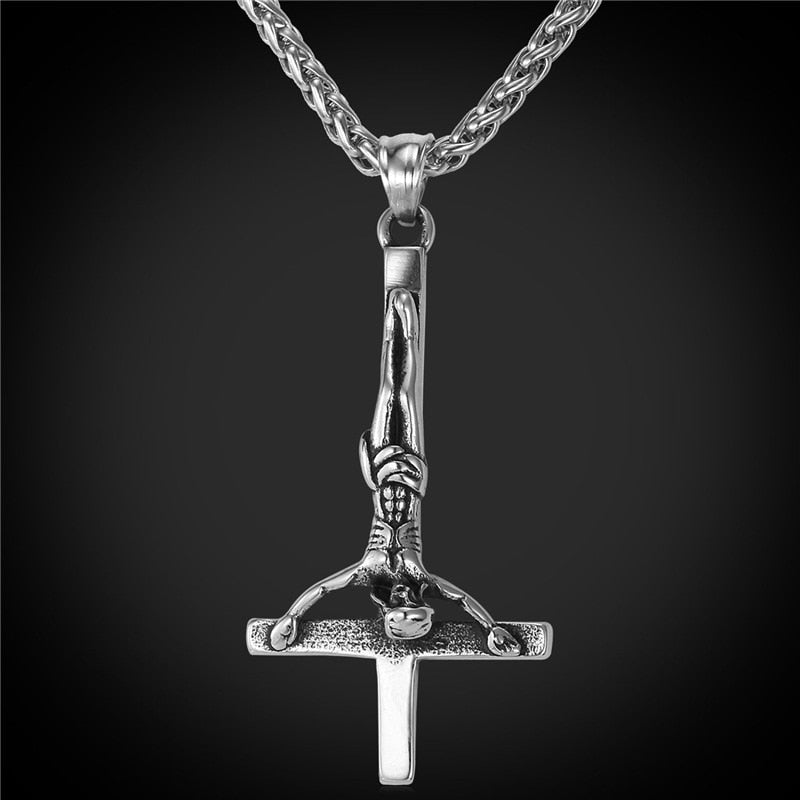 Inverted Upside Down Peter Cross Stainless Steel No Fade Bling Pendant Chain Necklace