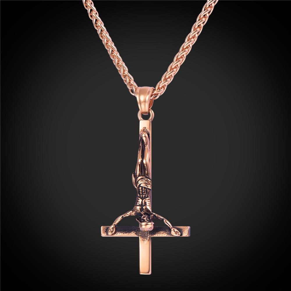 Inverted Upside Down Peter Cross Stainless Steel No Fade Bling Pendant Chain Necklace
