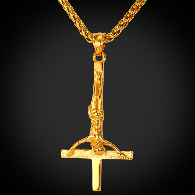 Inverted Upside Down Peter Cross Stainless Steel No Fade Bling Pendant Chain Necklace