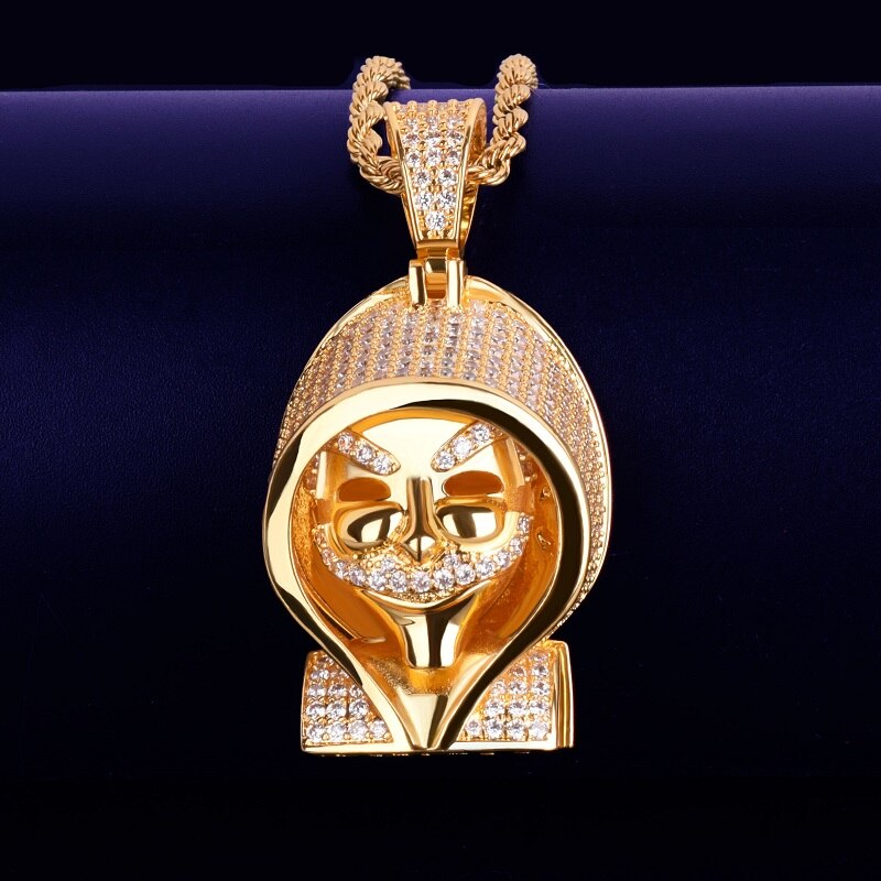 Flooded Ice True Micro Pave 18k Gold Silver Steampunk Hoody Skull Pendant Chain Necklace