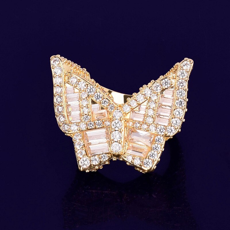 Real 18k Rose Gold .925 Silver Flooded Ice Baguette Butterfly Bustdown Iced Hip Hop Rings