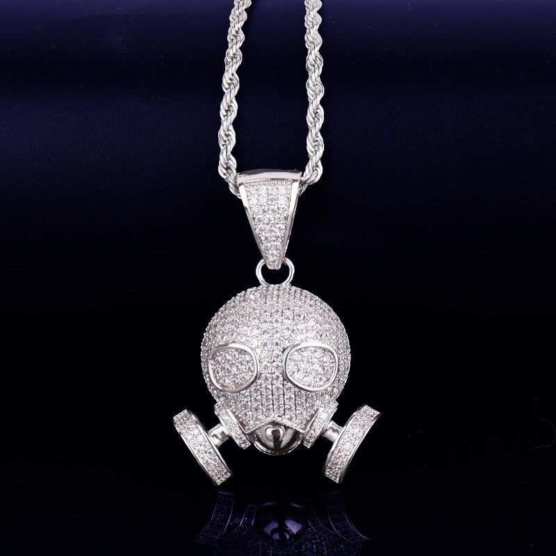 Flooded Ice True Micro Pave Hip Hop Skull Gas Mask 18k Gold .925 Silver Pendant Chain Necklace