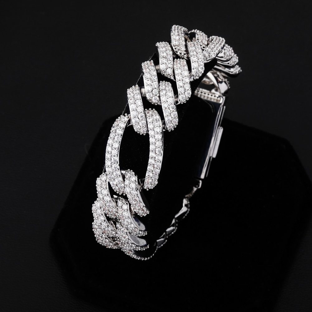 18mm Flooded Ice Three Link Figaro 14k Gold .925 Silver Hip Hop Bracelet