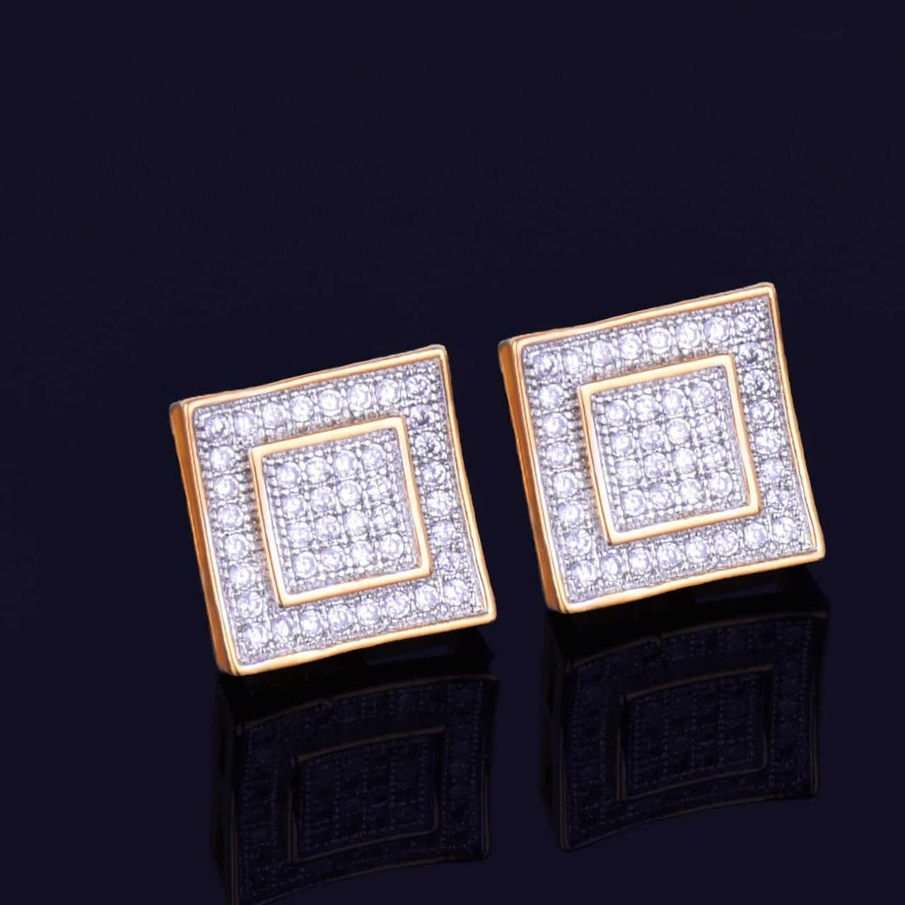 Double Square | 11MM 18k Gold Silver Flooded Ice Stud Hip Hop Screw Back Earrings