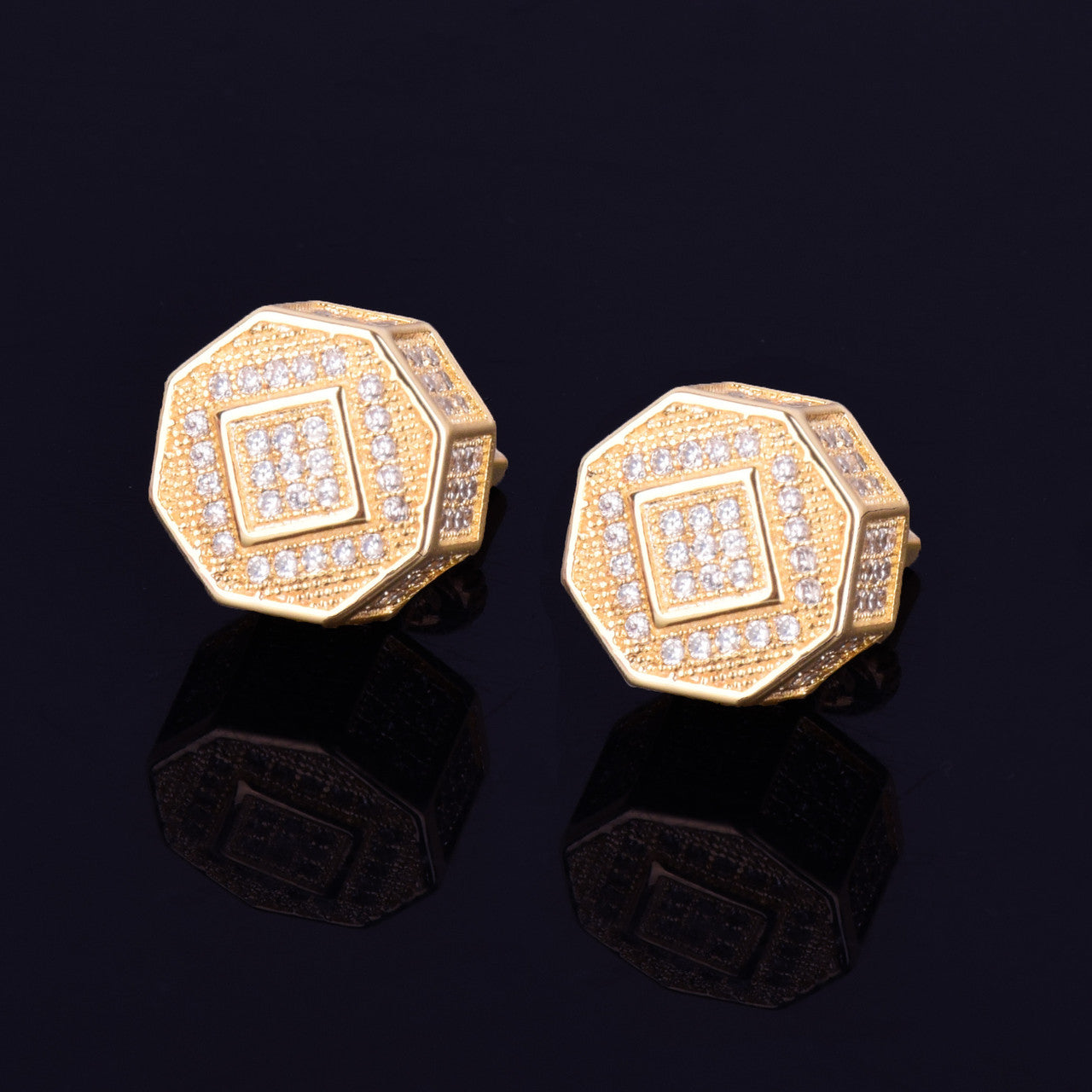 11MM AAA True Micro Pave Octagon 18k Gold .925 Silver Screw Back Big Boy Earrings