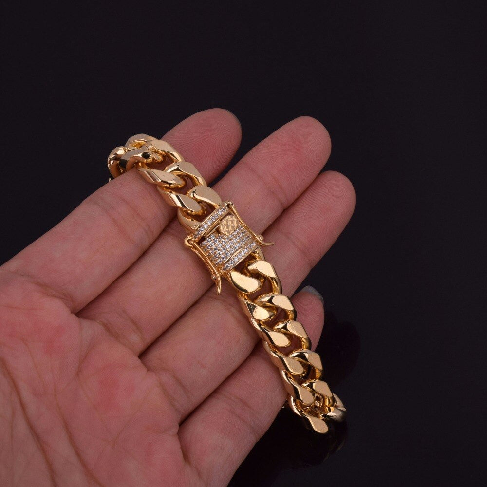 Mens Iced 11mm 24k Gold 925 Silver Hip Hop Miami Cuban Link Bracelet